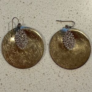 Pierced round gold tone 1 5/8” diameter earrings with crystals 1980’s